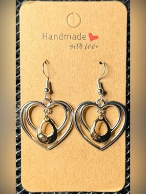 ✨Hand Crafted✨ Silver-Tone Double Heart Drop Earrings - Hypoallergenic